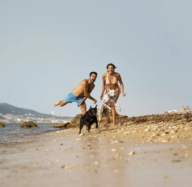 coppia in vacanza gioca felice con due cani in spiaggia